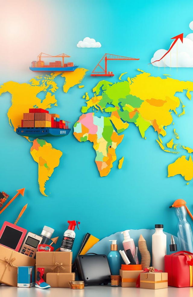 A stylized world map highlighting global trade, featuring vibrant and colorful elements