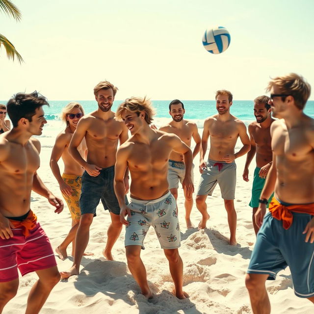 A vibrant, stylish beach scene featuring a group of young, athletic shirtless men with toned bodies, showcasing diverse hair colors and styles