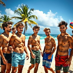 A vibrant, stylish beach scene featuring a group of young, athletic shirtless men with toned bodies, showcasing diverse hair colors and styles