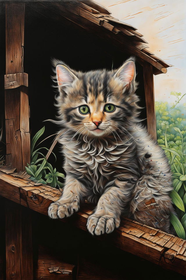 A beautifully composed colored pencil drawing of a playful kitten outside a rustic barn