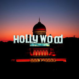 A creative fusion of the Hollywood logo and the shrine of Imam Reza, with the word 'holy' incorporated into the shrine's architecture