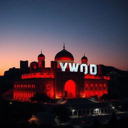 A creative fusion of the Hollywood logo and the shrine of Imam Reza, with the word 'holy' incorporated into the shrine's architecture