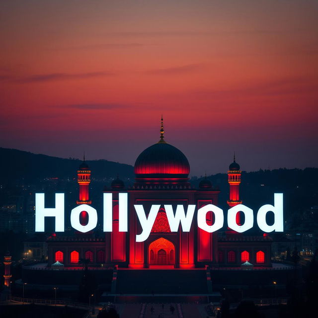 A creative fusion of the Hollywood logo and the shrine of Imam Reza, with the word 'holy' incorporated into the shrine's architecture