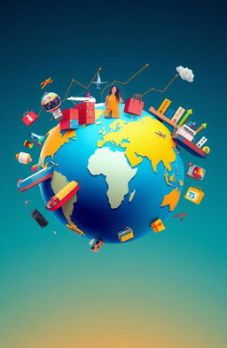 A stylized world map or globe vividly representing global trade, adorned with colorful images of shipping containers and cargo ships symbolizing international logistics