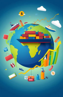 A stylized world map or globe vividly representing global trade, adorned with colorful images of shipping containers and cargo ships symbolizing international logistics