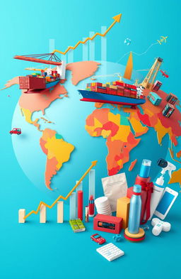 A stylized world map or globe vividly representing global trade, adorned with colorful images of shipping containers and cargo ships symbolizing international logistics