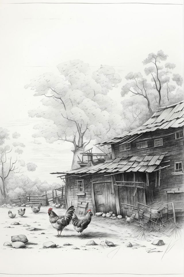 A high-quality pencil drawing of a rustic barn surrounded by a group of lively chickens