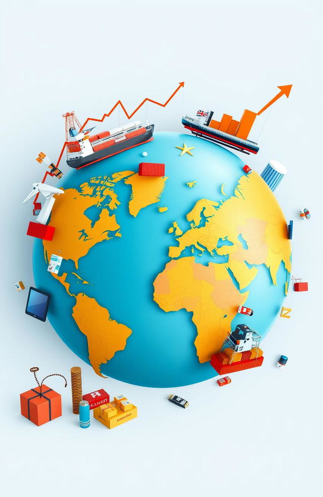 A stylized world map or globe vividly representing global trade, adorned with colorful images of shipping containers and cargo ships symbolizing international logistics