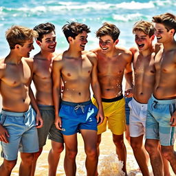 A group of shirtless high school boys enjoying a sunny day at the beach, showcasing their youthful energy and camaraderie