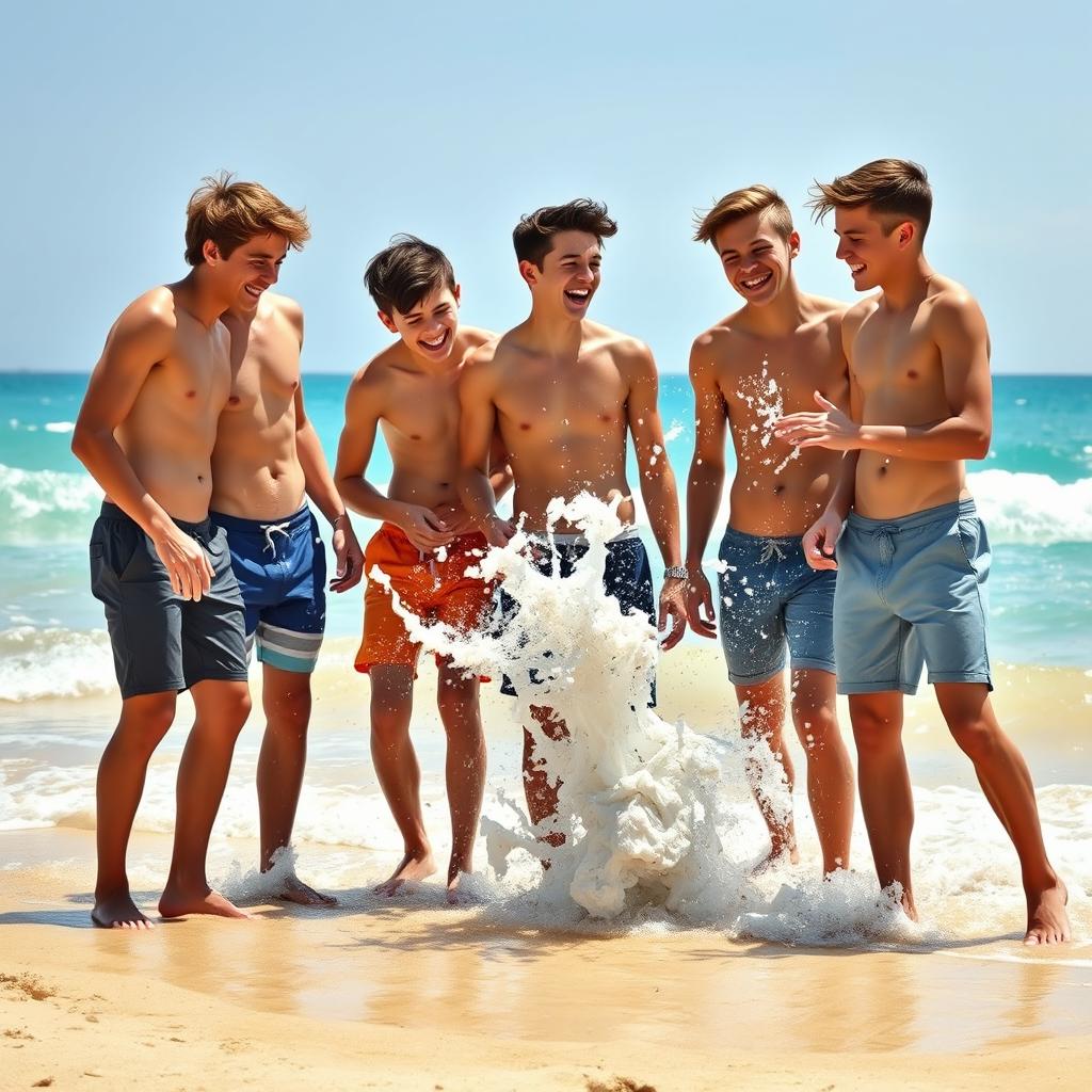 A group of shirtless high school boys enjoying a sunny day at the beach, showcasing their youthful energy and camaraderie