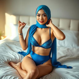 A beautiful Chinese woman wearing a colorful hijab, in an elegant blue bra and matching underwear, striking alluring poses on a luxurious bed
