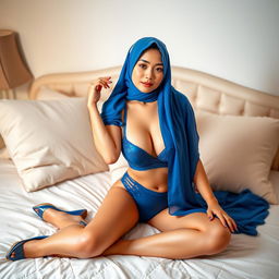 A beautiful Chinese woman wearing a colorful hijab, in an elegant blue bra and matching underwear, striking alluring poses on a luxurious bed