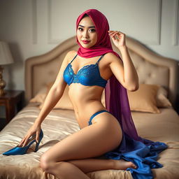 A beautiful Chinese woman wearing a colorful hijab, in an elegant blue bra and matching underwear, striking alluring poses on a luxurious bed