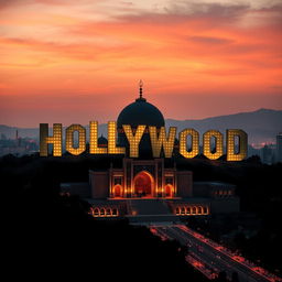 A stunning fusion of the iconic Hollywood logo intertwined with the magnificent Shrine of Imam Reza, creatively substituting the word "holy" within the shrine's architectural details