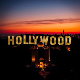 A stunning fusion of the iconic Hollywood logo intertwined with the magnificent Shrine of Imam Reza, creatively substituting the word "holy" within the shrine's architectural details