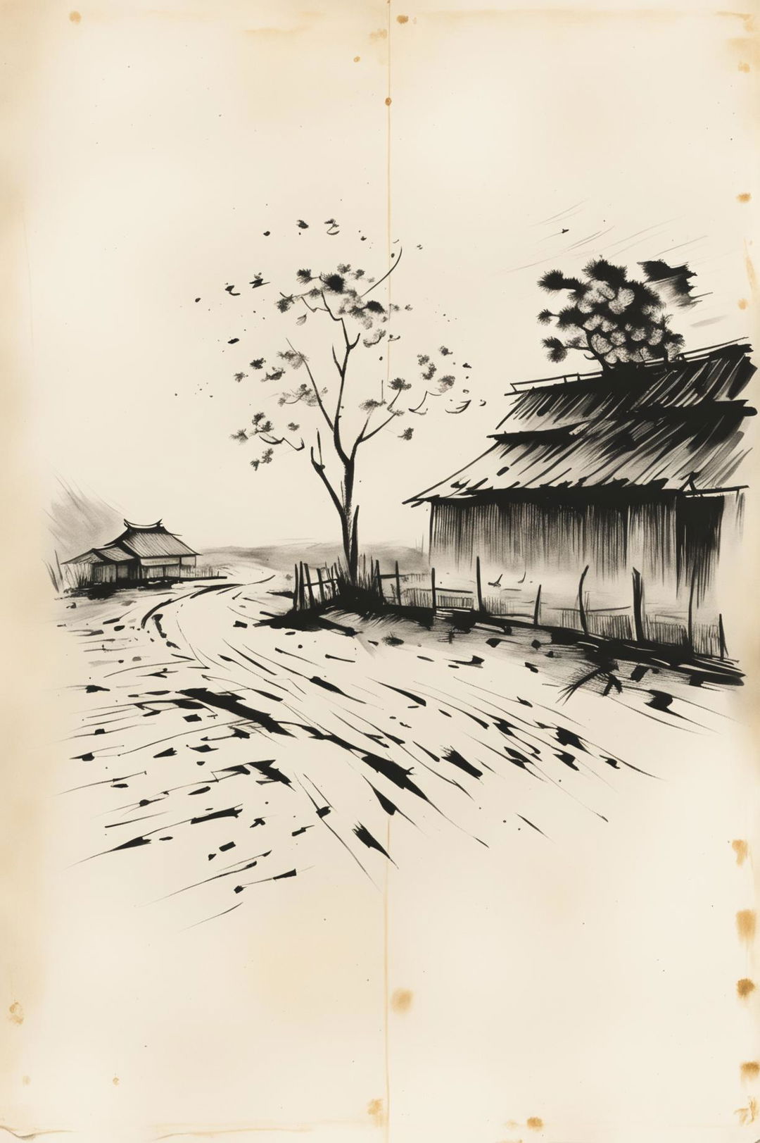 A beautiful Chinese-style drawing of a barn in a tranquil rural landscape