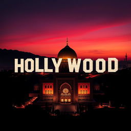 A stunning fusion of the iconic Hollywood logo intertwined with the magnificent Shrine of Imam Reza, creatively substituting the word "holy" within the shrine's architectural details