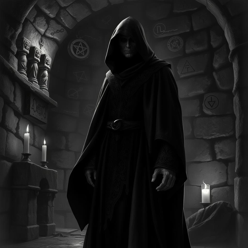 A dark and mysterious scene featuring a Dungeons and Dragons cultist dressed in an intricately detailed black robe, illuminated by a dim, eerie light in an ancient dungeon setting