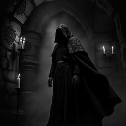 A dark and mysterious scene featuring a Dungeons and Dragons cultist dressed in an intricately detailed black robe, illuminated by a dim, eerie light in an ancient dungeon setting