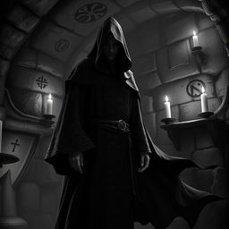 A dark and mysterious scene featuring a Dungeons and Dragons cultist dressed in an intricately detailed black robe, illuminated by a dim, eerie light in an ancient dungeon setting