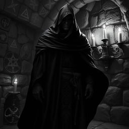 A dark and mysterious scene featuring a Dungeons and Dragons cultist dressed in an intricately detailed black robe, illuminated by a dim, eerie light in an ancient dungeon setting
