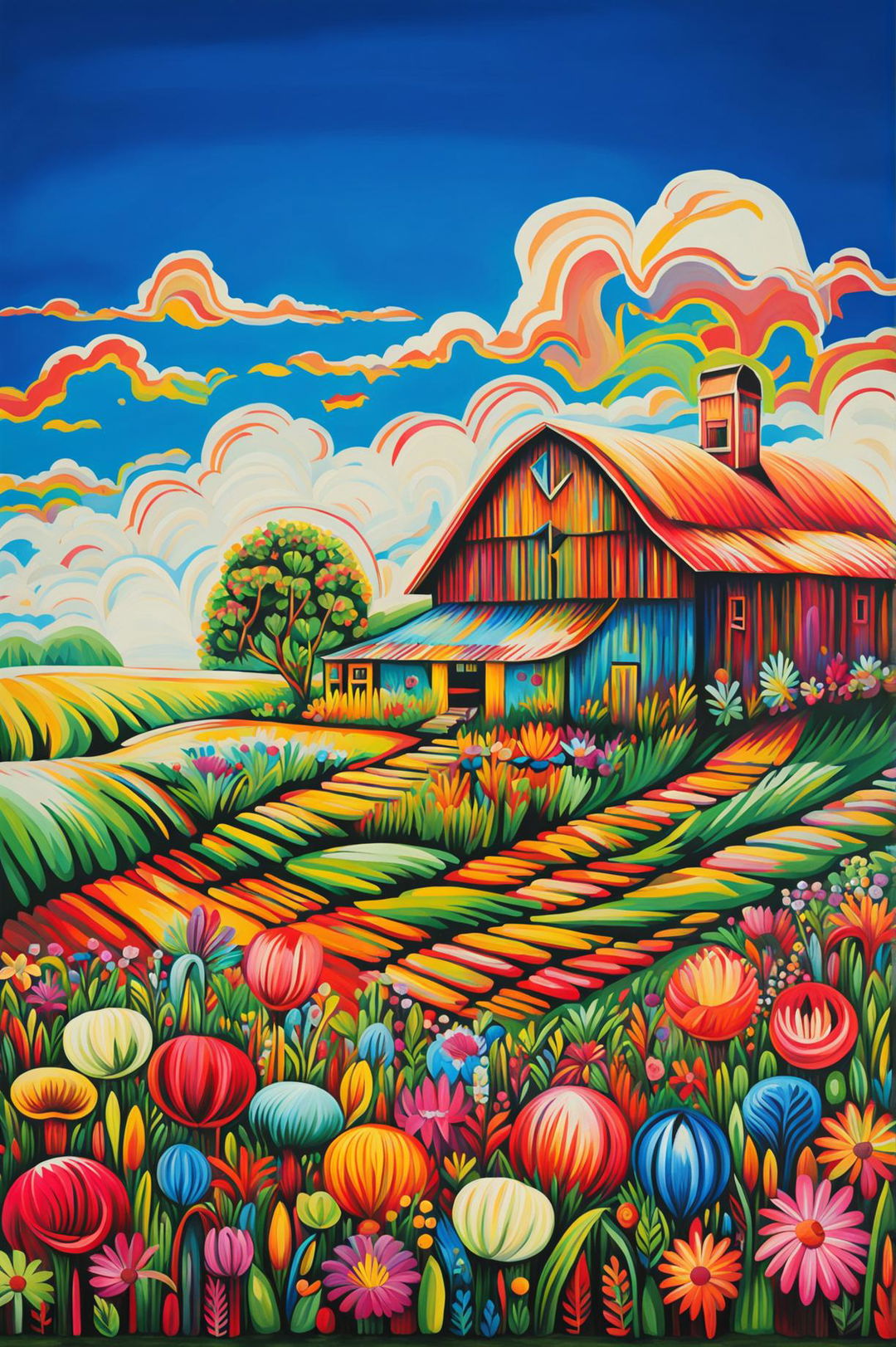 A vibrant Mexican-style drawing of a barn in a lively rural landscape