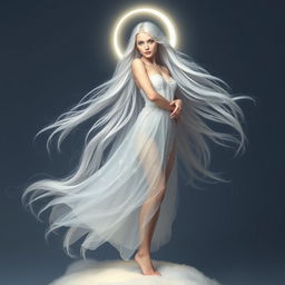 A lithe, ethereal woman with flowing, silvery-white hair cascading down her back