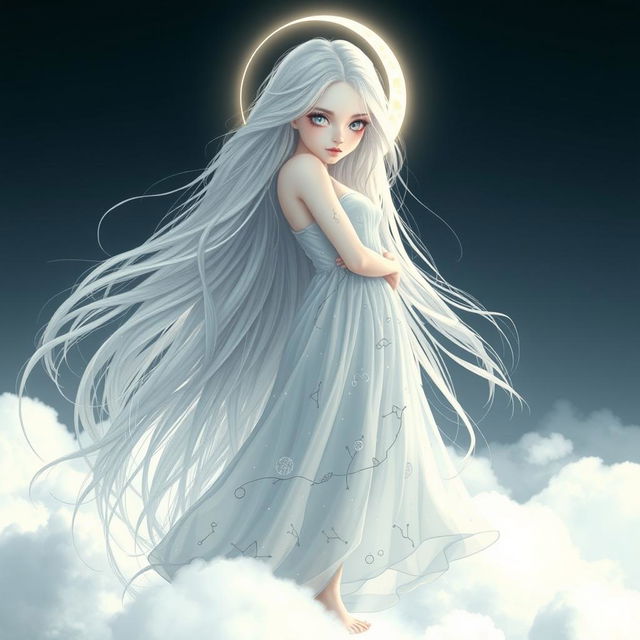 A lithe, ethereal woman with flowing, silvery-white hair cascading down her back