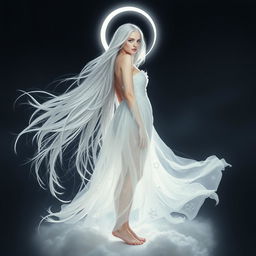 A lithe, ethereal woman with flowing, silvery-white hair cascading down her back