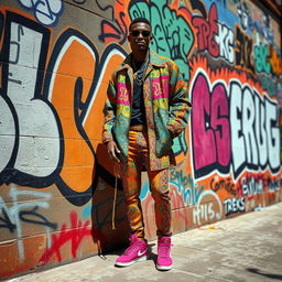 A highly fashionable individual in a vibrant urban setting, wearing an oversized, colorful jacket with intricate patterns and matching trendy shoes