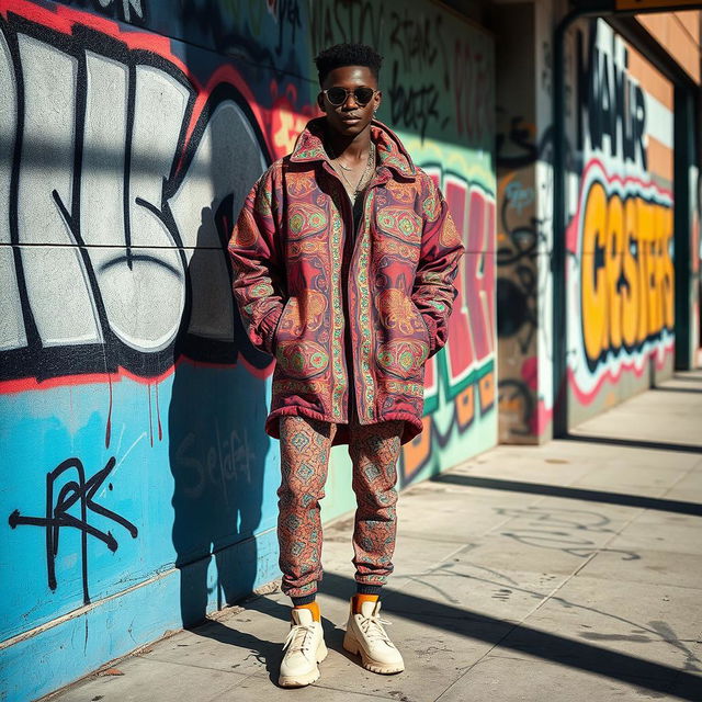 A highly fashionable individual in a vibrant urban setting, wearing an oversized, colorful jacket with intricate patterns and matching trendy shoes