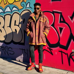 A highly fashionable individual in a vibrant urban setting, wearing an oversized, colorful jacket with intricate patterns and matching trendy shoes