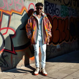 A highly fashionable individual in a vibrant urban setting, wearing an oversized, colorful jacket with intricate patterns and matching trendy shoes