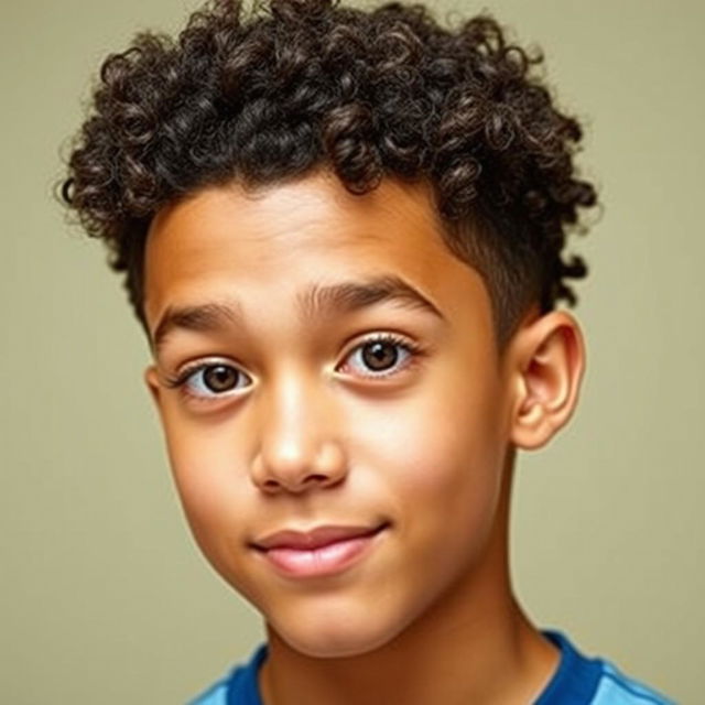 A 16-year-old teenage boy with natural curly hair styled in a slightly stiff manner, featuring a low fade haircut that appears neat while maintaining thickness on top