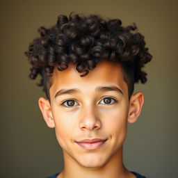 A 16-year-old teenage boy with natural curly hair styled in a slightly stiff manner, featuring a low fade haircut that appears neat while maintaining thickness on top
