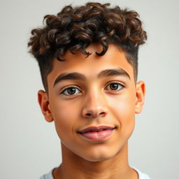 A 16-year-old teenage boy with natural curly hair styled in a slightly stiff manner, featuring a low fade haircut that appears neat while maintaining thickness on top