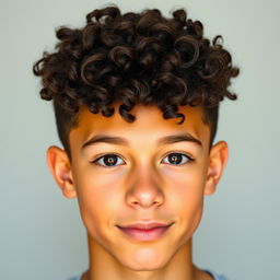 A 16-year-old teenage boy with natural curly hair styled in a slightly stiff manner, featuring a low fade haircut that appears neat while maintaining thickness on top