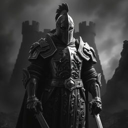 A formidable Dungeons and Dragons knight standing proudly in an intense black and white scene