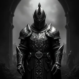 A formidable Dungeons and Dragons knight standing proudly in an intense black and white scene