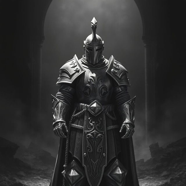 A formidable Dungeons and Dragons knight standing proudly in an intense black and white scene