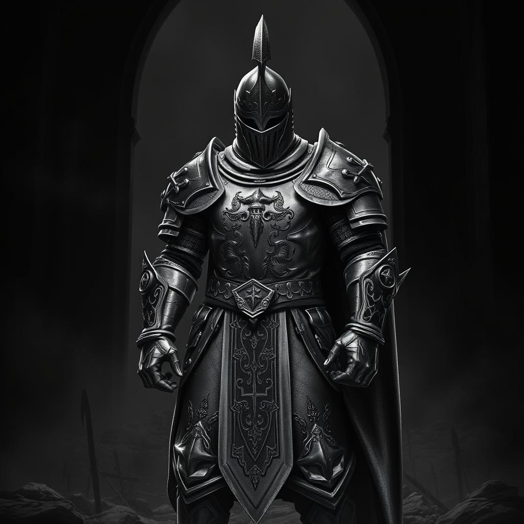 A formidable Dungeons and Dragons knight standing proudly in an intense black and white scene