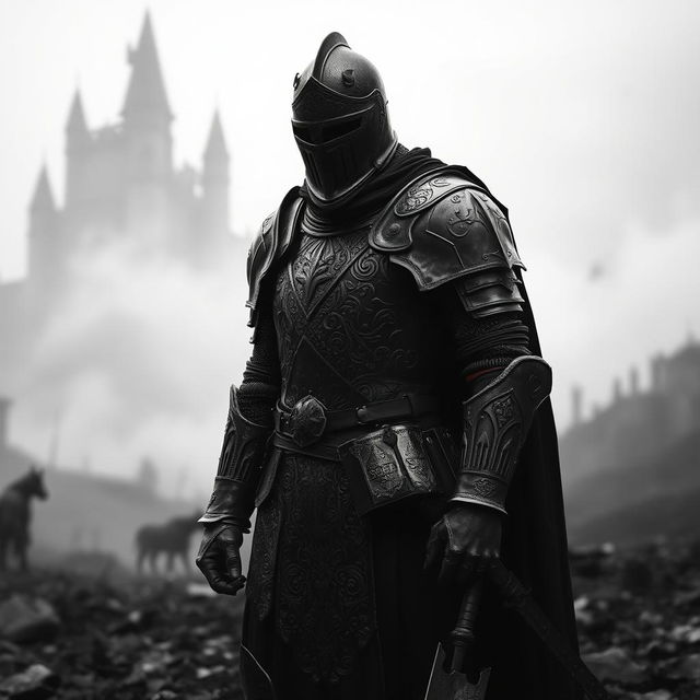 A dark medieval knight standing resolute in an ominous black and white landscape