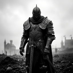 A dark medieval knight standing resolute in an ominous black and white landscape