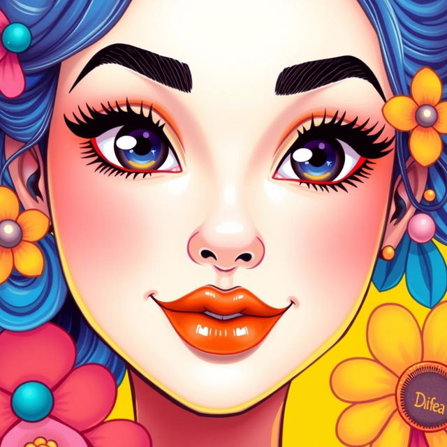 A beautiful, vibrant digital illustration of a face, featuring striking elements including large expressive eyes, a smooth complexion, and high cheekbones