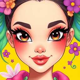 A beautiful, vibrant digital illustration of a face, featuring striking elements including large expressive eyes, a smooth complexion, and high cheekbones