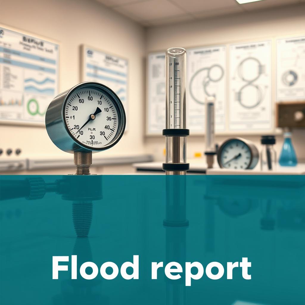 A detailed laboratory scene for a flood report cover, showcasing essential flood measurement devices