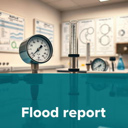 A detailed laboratory scene for a flood report cover, showcasing essential flood measurement devices