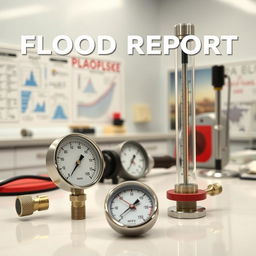 A detailed laboratory scene for a flood report cover, showcasing essential flood measurement devices