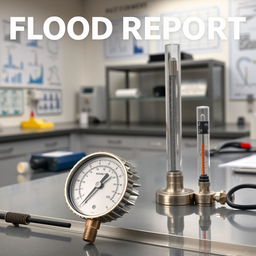 A detailed laboratory scene for a flood report cover, showcasing essential flood measurement devices