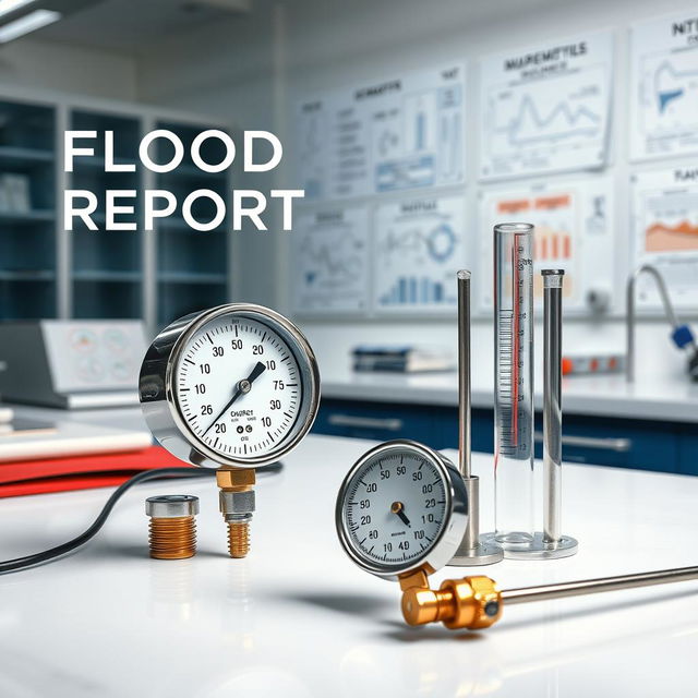 A detailed laboratory scene for a flood report cover, showcasing essential flood measurement devices